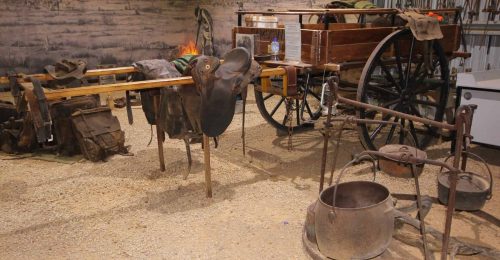 Display of old drover equipment inside the Drovers Camp Museum